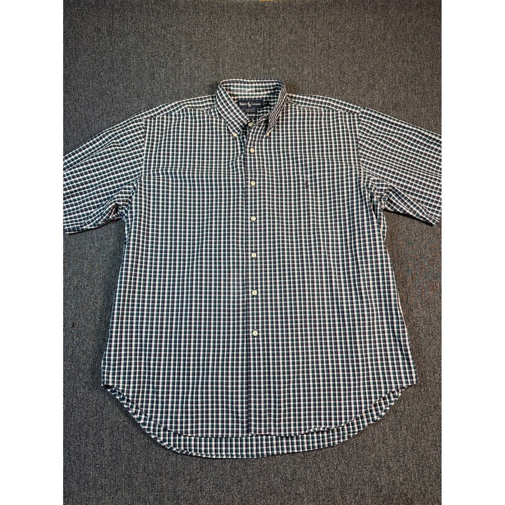 Ralph Lauren Bartlett Mens XL Green Plaid Short Sleeve Button‎ Down Cotton Shirt